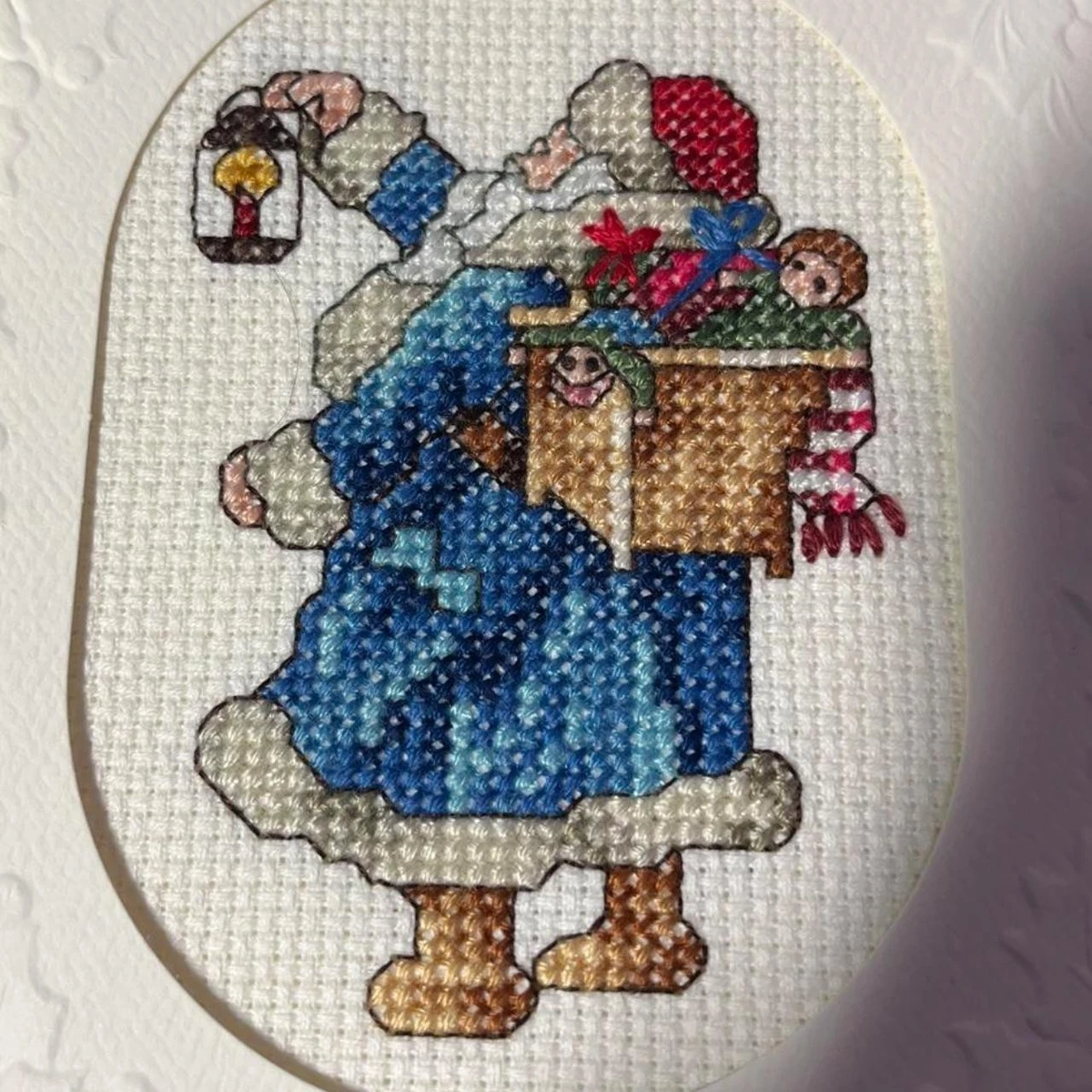 Completed Cross Stitch Santa Christmas card