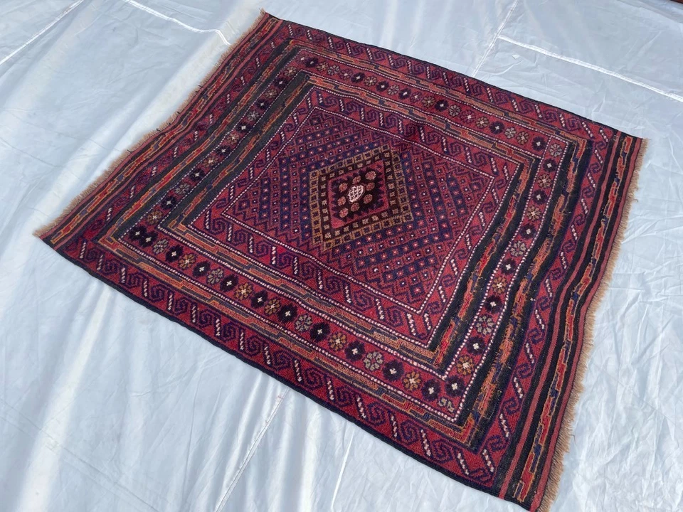 Handmade Afghan Baluchi Wool Rug 4.5x4.0 ft Red Tribal Oriental Carpet Area Rug - Image 3 of 4