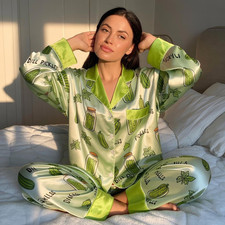 Dill Pickle Satin Pajama Set Funny Pickle Girl Satin Sleepwear Womens Cucumber P