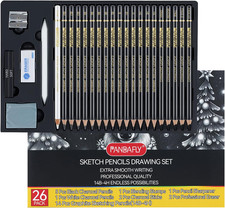 26-Piece Professional Sketch Pencil Set - Includes 4H to 14B Graphite Pencils, C