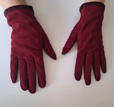 Chanel - Gants velours chevreau - Rouge bordeaux - Taille 7,5 / S - TBE - Photo 1/4