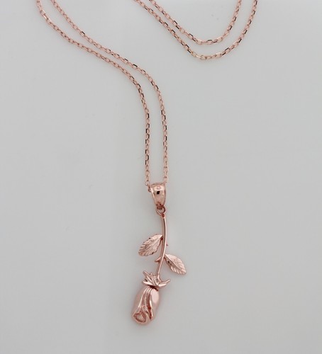 Gold Long Stem Rose Necklace, 14k Solid 