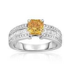 Radiant Cut Yellow Citrine  Round White CZ 3.75CT Silver Women's Excellent Ring