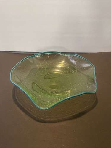 Handblown Green Bubble Glass Teal Ruffled Edge Art Glass Bowl Dish - Picture 7 of 10