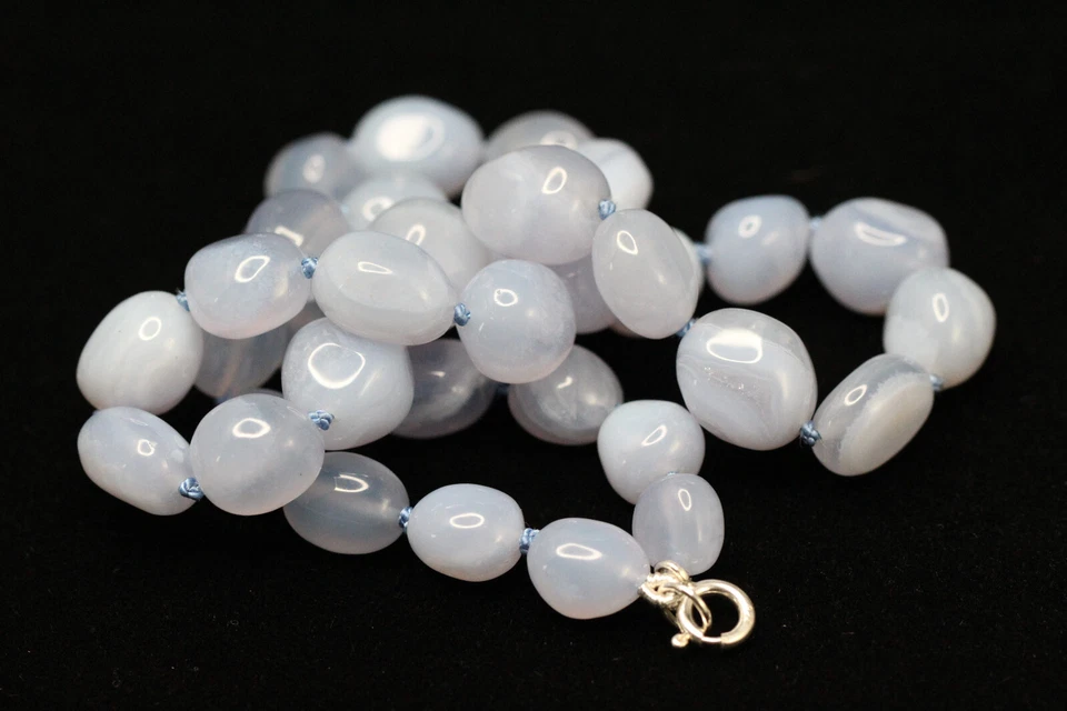 Colar de nó de seda amarrado à mão pedra preciosa azul calcedônia prata esterlina 925 18" - Imagem 2 de 4