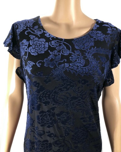 NWT Adrianna Vittadini Dress M Blue Velvet Semi Sheer Short Sleeves Lined Zipper - Picture 4 of 7