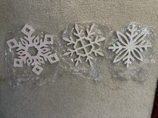 Set Of 3 White Glitter Wooden Snowflakes For Hanging. Winter Holiday Decoration
