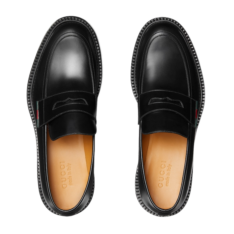 GUCCI $1150 Men's Black Shiny Leather With Web Loafers New
