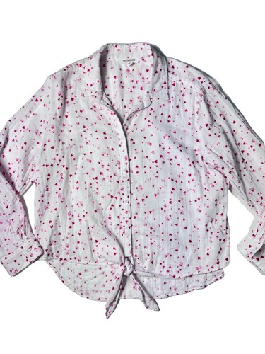 Beach Lunch Lounge Heart Button Down Collared Long Sleeve Tie Front Blouse Sz L - Picture 2 of 10