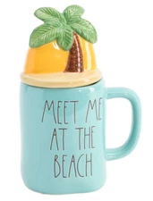RAE DUNN Meet Me At The Beach Figural Lidded Mug Aqua - palm tree - sun