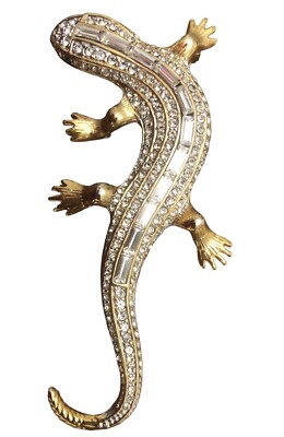 Vintage Lizard Gecko Clear Rhinestone Gold Tone Brooch Pin Green Eyes 2 3/4 