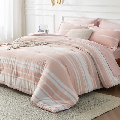 Luxurious All-Season Twin Bedding Set in Light Pink & White Stripes - 5 Pieces