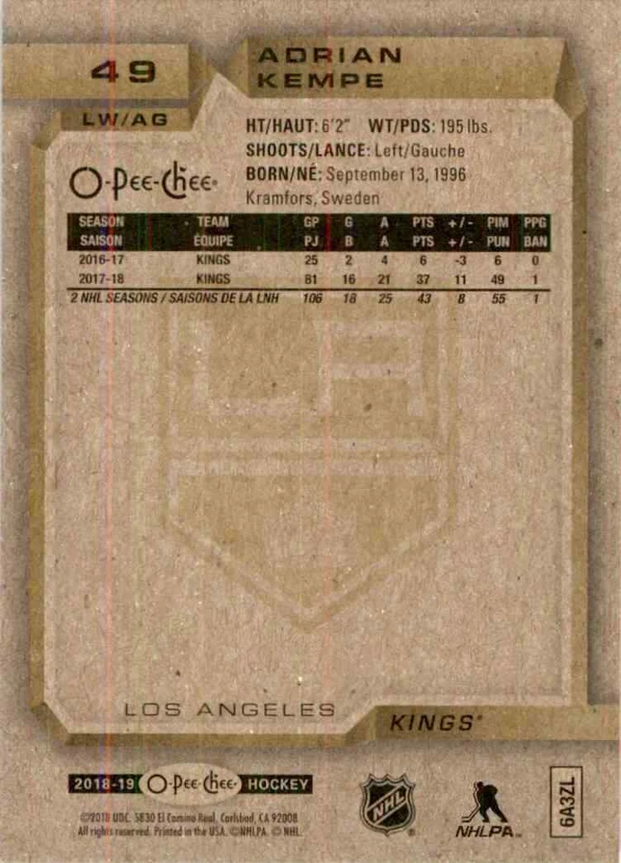 2018-19 O-Pee-Chee Adrian Kempe #49 - Image 2 of 2