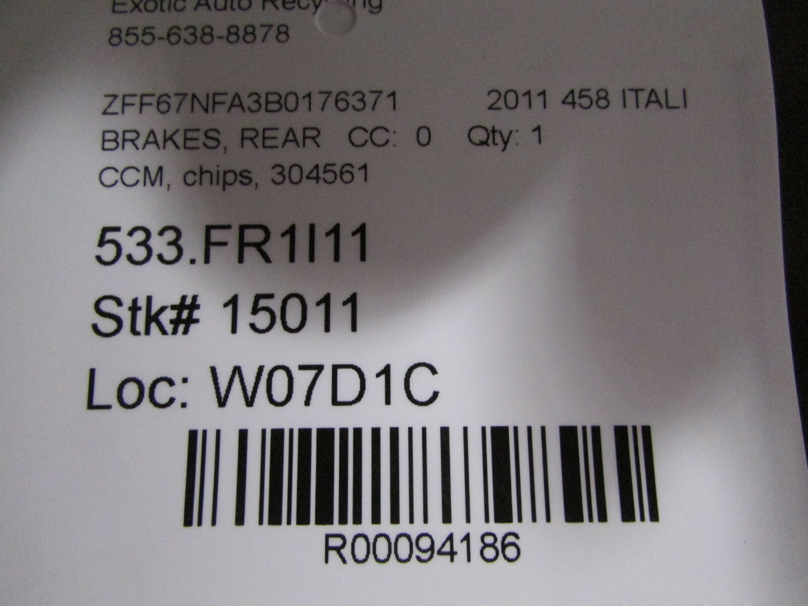 Ferrari California, 458 Italia, Rear CCM Carbon Brake Rotor, Used, P/N 304561