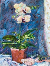 floral painting on canvas panel.....Pink Orchid and Dove