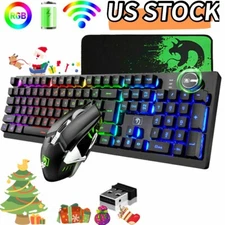Gaming Keyboard & Mouse& Mat Set Wireless 2.4Ghz RGB Backlit Knob Control For PC