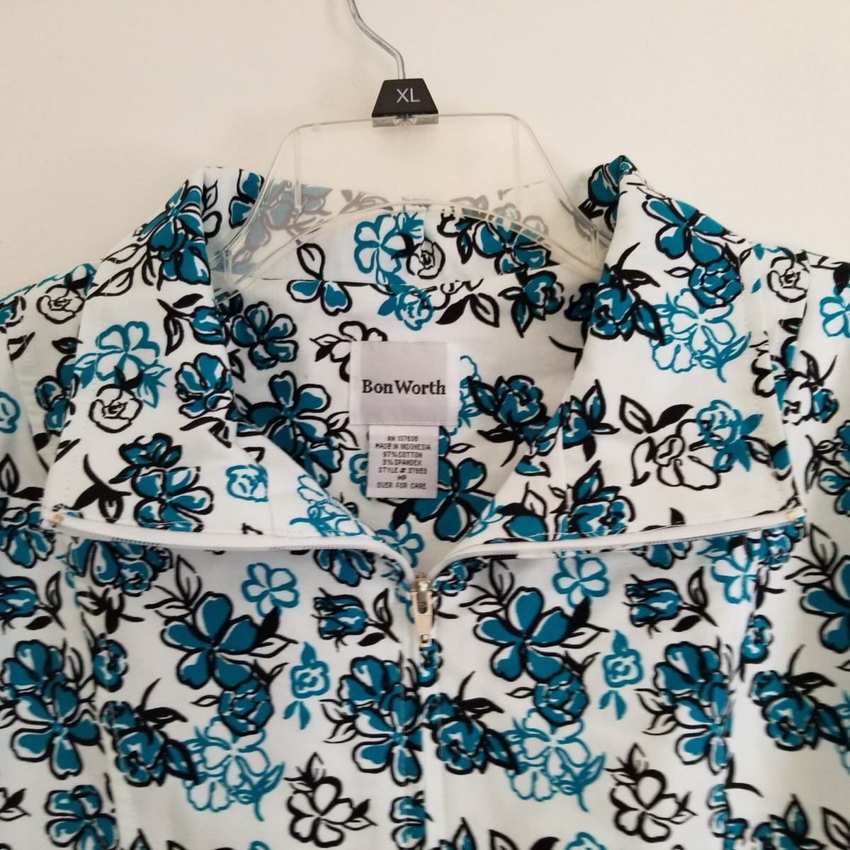 BonWorth Shirt Jacket Medium Petite MP Blue White Floral Full Zip