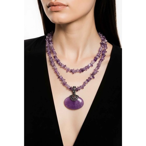 Amethyst Chip Double Strand Necklace with Large Oval Pendant