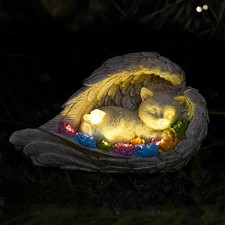 Cat Memorial Stone Solar Angel Statue Figurine Pet Grave Marker Garden Decor