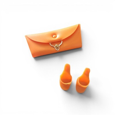 Vintage Barbie orange Open Toe Pantoletten Schuhe & Clutch Tasche 60er Jahre Japan