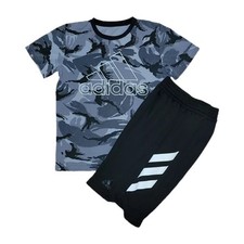Adidas Youth Medium 10-12 Black/Gray Camo T-Shirt And Athletic Shorts Outfit