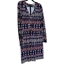 Tory Burch Printed Long Sleeve Dress Navy Multicolor Size XL V-Neck Boho Shift