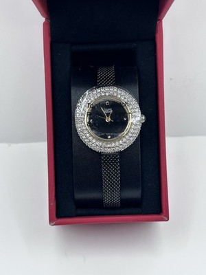 Burgi Diamond Quartz Women s Black Dial Mesh Bracelet Silver Fixed Bezel Box