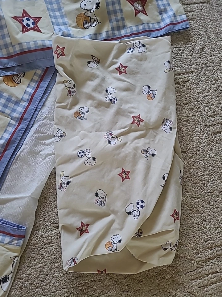 Baby Snoopy Crib Sheet Bed Skirt & Two Valance Little Champ Sports Star Peanuts - Image 3 of 4
