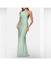 Xscape Sage/Mint Green Satin Halter Gown Bow Back Maxi Formal Dress SZ 12 NWT
