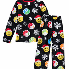 Justice Girls Fleece Pajama Set   Size S 7/8 , Smiley Faces  Snowflakes   Cozy