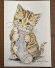 Original ACEO Watercolor & Ink Kitten Painting – Tabby with Sock – Mini Art — photo 1