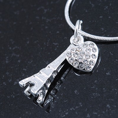Crystal Eiffel Tower & Heart Pendant With Silver Tone Snake Chain - 40cm