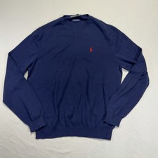 Polo Ralph Lauren Pima Cotton Sweater Large Navy V Neck Red Pony Logo