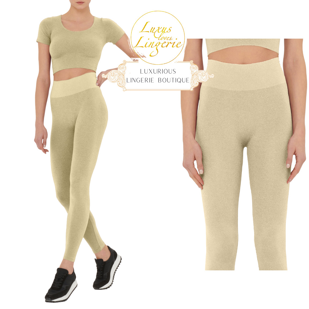Shiny Leggings by Wolford L Moonshell Gold Elastic Pants Glitter Shimmer