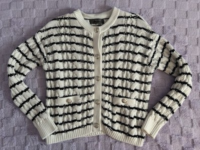 Primark Black & White Striped Cardigan Cable Knit Sweater Size Small