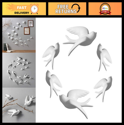 Set of 6 White Ceramic Bird Wall Decor - Doves, Sparrows & Swallows for Home Gar