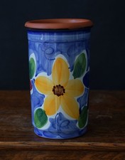 Vintage Spanish Ceramic Utensil Holder Hand Painted Floral Vase Pot
