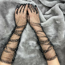Dot Bride Long Stretch Gloves Lace Mesh Tulle Women Semi Sheer Black Wedding