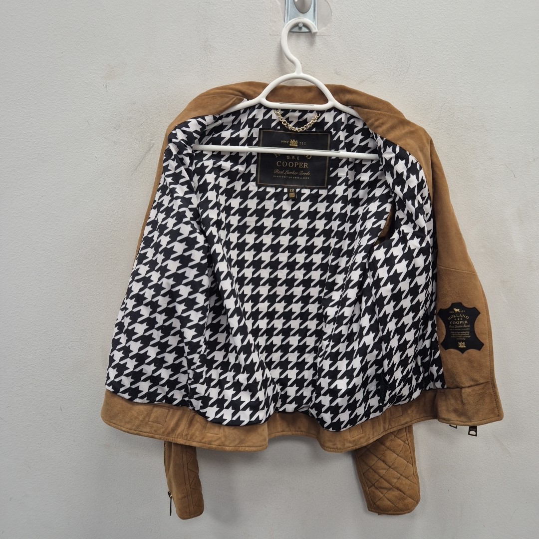 Holland Cooper Brown Soft Suede Leather Country Biker Houndstooth Jacket Uk 12