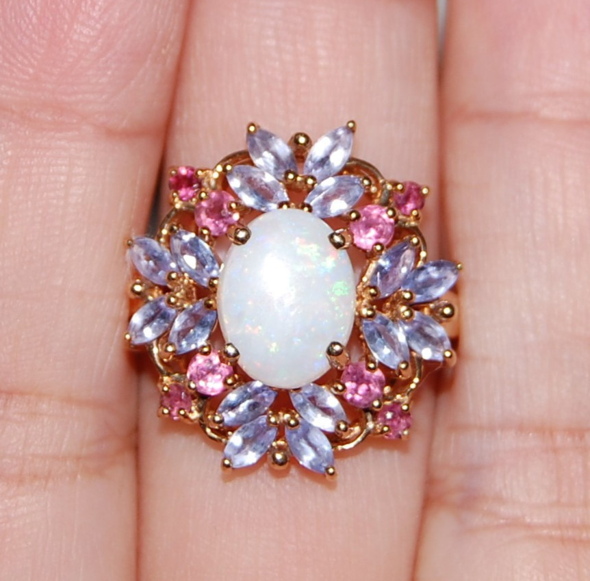 10K Gold Ring Fire Opal Tanzanite Ruby Floral Clu… - image 4