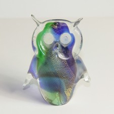 Vintage Murano Glass Owl Figurine Paperweight Clear w/ Gold Fleck 4"