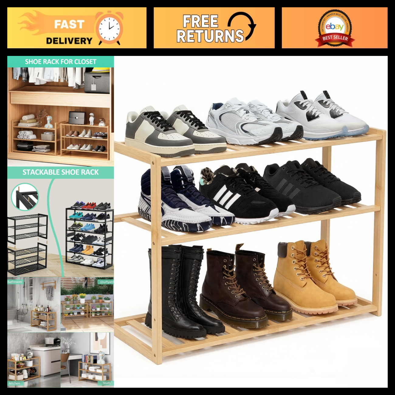 27.5in 3-Tier Bamboo Shoe Rack Organizer for Entryway, Closet, Bedroom ...