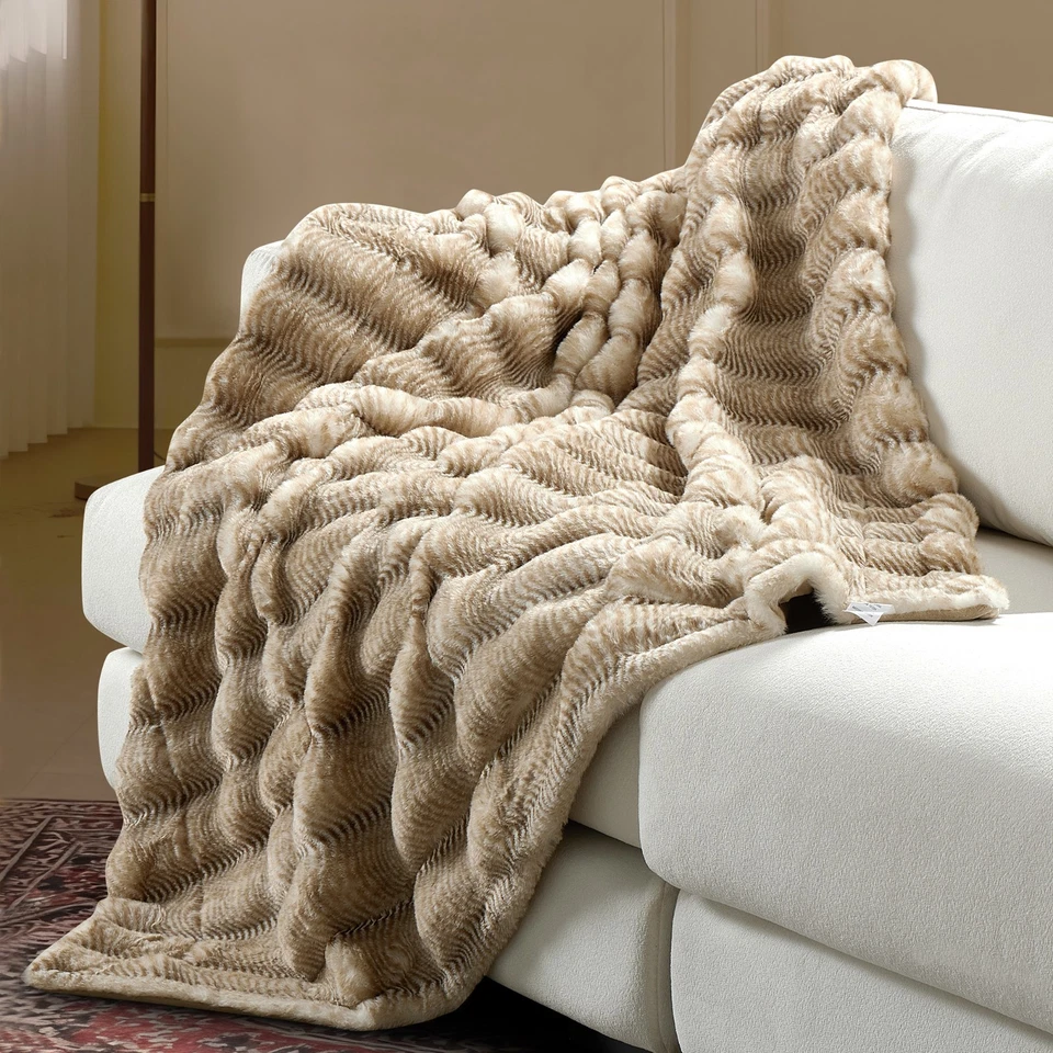 Thick Stripe Faux Rabbit Fur Throw Blanket – Luxury Soft Warm & Cozy Plush - Image 2 of 4