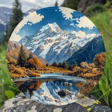 Classic Round Aluminum Wall Art Snowy Mountain Landscape