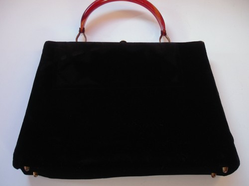 BOBBIE JEROME 1950's Large Lush Black Velvet Handbag with Bakelite Handles 12" - Picture 2 of 15