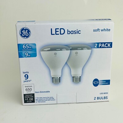 2 Bulbs GE LED Basic 65W Replacement 9W BR30 Indoor Floodlight Non-Dimmable NEW