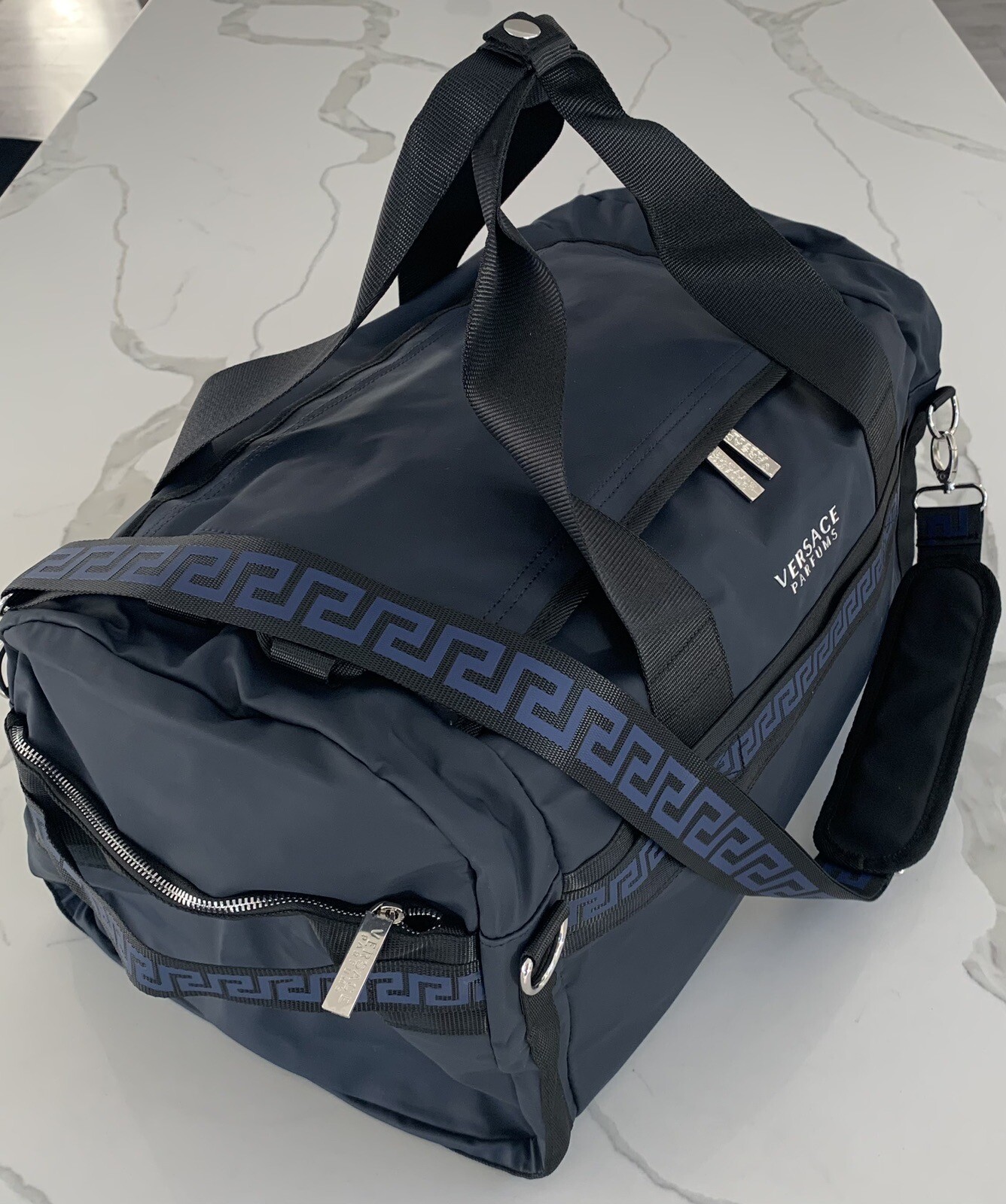 Versace Parfums Duffle dark blue Backpack faux leather gym Weekender travel Bag eBay