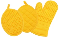 Yellow Oven Mitt & Pot Holder Set of 3 – Silicone Grip, 100% Cotton