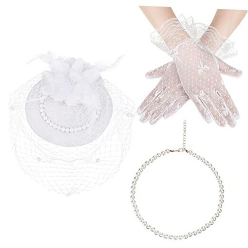 50s Fascinators Hats for Women Tea Party Hat and Gloves Set Pearl White, Silver eBay