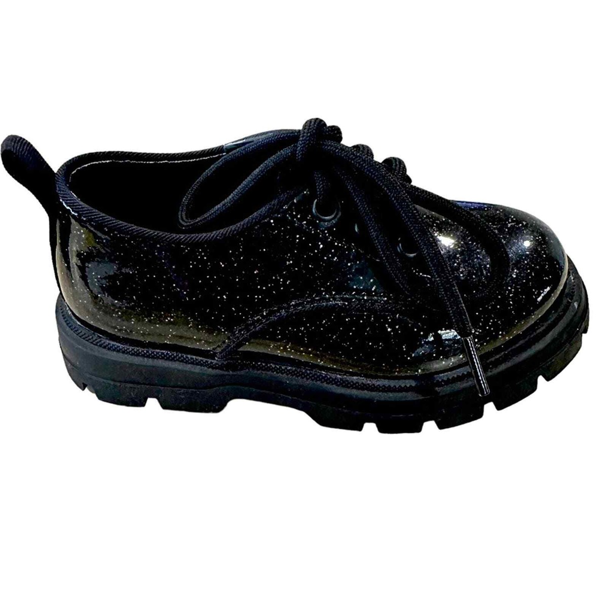 Zara kids girls sparkly black faux patent oxfords lace up shoes EU